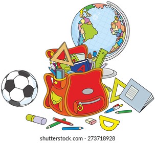 Schoolbag, globe and ball