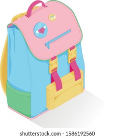 Schoolbag isometry. Backpack kawaii anime style