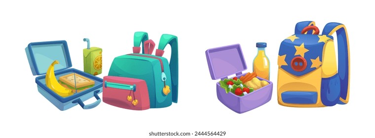 Conjunto de bolso escolar y lonchera aislado sobre fondo blanco. Ilustración de dibujos animados de Vector de mochilas de estudiantes de color, comida fresca saludable, ensalada, sándwich envasado en caja de plástico para el almuerzo, nutrición escolar