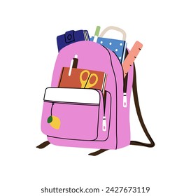 Schultasche mit Schulaccessoires. Rucksack, Kindertasche voller Schreibwaren, Stifte, Notizbücher, Bücher, Lineal aus Taschen herausragend. Flache Vektordarstellung auf weißem Hintergrund isoliert