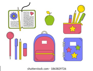 Schoolbag, pencil case, diary, notebook, pen, pencil and other school essentials. Back to school concept. Creative flat design icons set vector illustration isolated on white background.