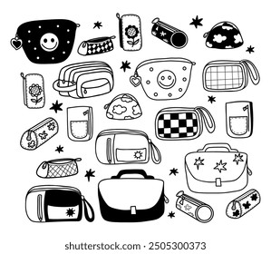 Schoolbag, pencil cases, cosmetic bag and school supplies doodles. Vector illustration. Isolated outline hand drawings for design and decoration