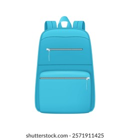 Schoolbag with pockets and straps. Vector isolated realistic modern satchel with clasps. Backpacks for school or traveling, sack with zippers and handle for carrying. Textile haversack with zipper