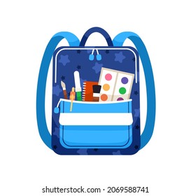 Schoolbag with school supplies in front pocket of bag. Kids backpack with stationery. Packed schoolchild knapsack with pen, brush and paint. Flat vector illustration isolated on white background