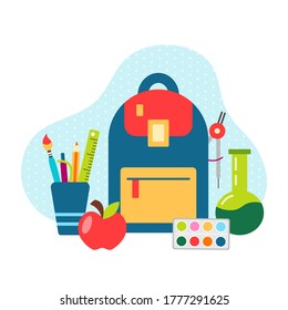 Schoolbag and school supplies isolated on white background. Backpack with apple, pencil and other stuff. Flat style vector illustration.
