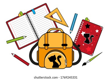 Schoolbag with school supplies. Vector illustration isolated on a on white background.