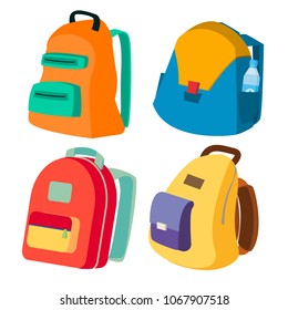 Schoolbag Set Vector. Closed Backpacks Side View. Colored School Modern Backpacks. Isolated Flat Cartoon Illustration