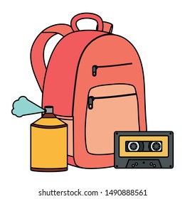 schoolbag with spray paint and cassette