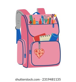 Bolso escolar con papel para niños. Mochila colorida con bolsillos, cremalleras y correas. Ilustración vectorial dibujada a mano aislada en fondo blanco, estilo moderno de dibujos animados planos.