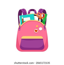 Schoolbag With Stationery In Open Pocket. Front View Of Girlish School Bag Packed With Pens And Notebooks. Kids Backpack. Knapsack With Badges. Flat Vector Illustration Isolated On White Background