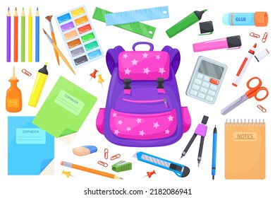 Schoolbag Supplies. Innovative School Stationery Kids Learning, Itemized Object Tiny Accessories Cartoon Satchel Paint Stationary Calculator Paper Pencil, Vector Illustration Of Education Schoolbag