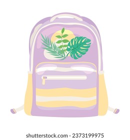 Schoolbag with tropical leaves on white background
