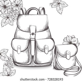 Schoolbag Vector line art. Back to school autumn background