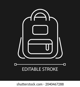 Schoolbag white linear icon for dark theme. Bag for carrying books and stationery items. Thin line customizable illustration. Isolated vector contour symbol for night mode. Editable stroke