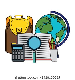 schoolbag with world map and book