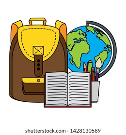 schoolbag with world map and book