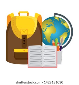 schoolbag with world map and book