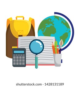 schoolbag with world map and book