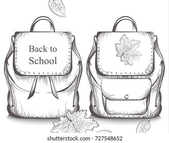 Schoolbags banner Vector line art. Graphic style satchels fall season