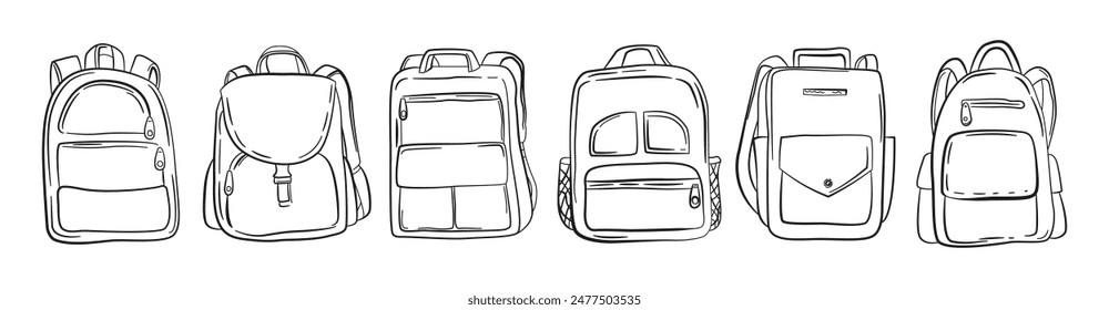 Bolsas de escuela. Educación y estudio de vuelta a la escuela, mochilas escolares. Ambientado en estilo doodle de diferentes mochilas y mochilas escolares. Ilustración vectorial plana
