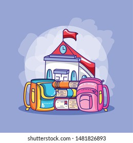 schoolbags with facade of school