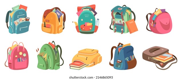 Schoolbags. Full kids students rucksack colorful bags with various education stuff exact vector illustration set