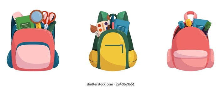 Schoolbags Icons, Kids School Bags Of Bright Colors, Knapsacks And Rucksacks Design. Student Baby Backpacks With Stationery In Zip Pocket Isolated On White Background. Cartoon Vector Illustration