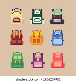 schoolbags set. childish school backpacks with supplies in open pockets, colorful bright bags and rucksacks.