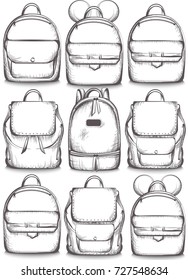 Schoolbags set collection Vector line art. Graphic style satchel