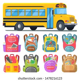 Schoolbags with stationery and books, and school bus vector. Transport and backpacks or rucksacks, copybooks and pencils, ruler and paintbrush. Back to school concept. Flat cartoon