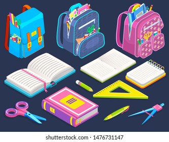 Schoolbags with stationery isolated on background. Opened book and notebooks. There are stuff on vector pencil and pen, ruler and scissors. Back to school concept. Flat cartoon isometric 3d