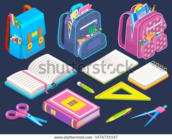 Schoolbags\
with stationery isolated on background. Opened book and notebooks.\
There are stuff on vector pencil and pen, ruler and scissors. Back\
to school concept. Flat cartoon isometric\
3d