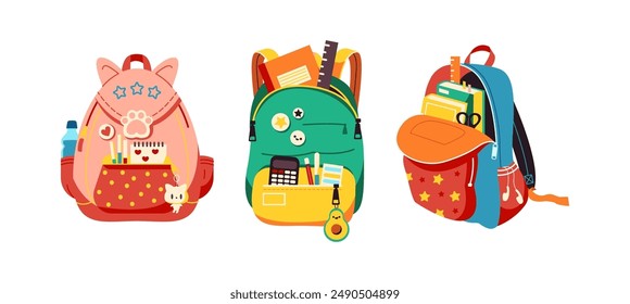 Schoolbags with stationery and textbooks 2D cartoon objects set. School students backpacks flat line vector elements white background