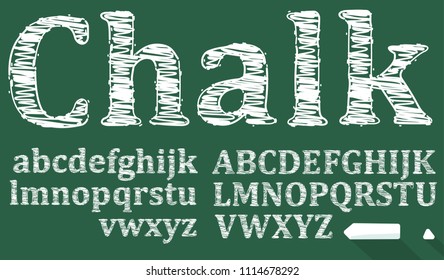 Schoolboard typeface. Vector illustration of chalk sketched font lowercase and uppercase characters on a green blackboard background
