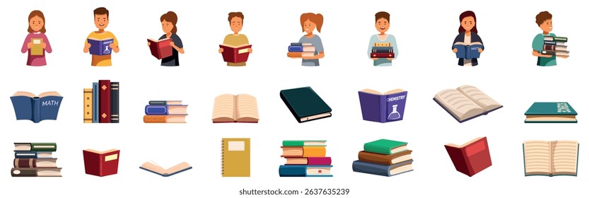 Schoolbook icons set. Students engaging with various educational resources, fostering a love for learning and knowledge