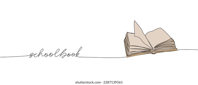 Libro escolar de una línea de arte coloreado. Dibujo continuo en color de línea de libro, biblioteca, escuela, estudio, aprendizaje, lectura con una inscripción, letras, manuscrito.