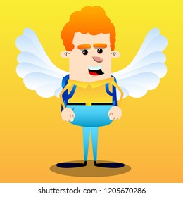 Schoolboy as an angel, with big white wings. Vector cartoon character illustration.