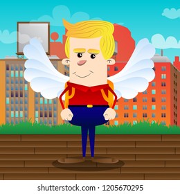 Schoolboy as an angel, with big white wings. Vector cartoon character illustration.