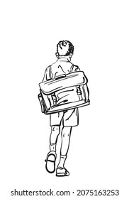 Schoolboy with awry large retro backpack walking away with his head down vector drawing, Hand drawn illustration on school boy from back, Black and white line art