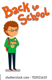 Schoolboy and Back to school text vector template. Happy reddish schoolboy with backpack holding bouquet of flowers for his teacher. Elementary school student. Flat cartoon illustration. First school