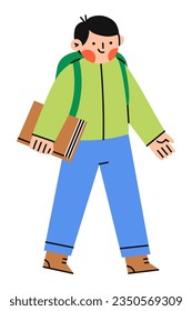 Escolar con mochila. De vuelta a la escuela, concepto educativo.Ilustración plana vectorial.