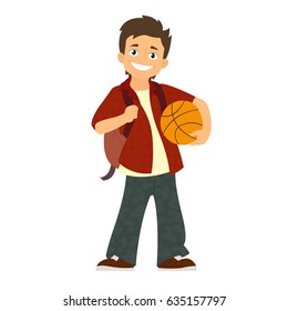 Schoolboy with backpack and basketball isolated on white background. vector illustration.