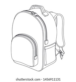 Schoolboy Backpack. Black And White Vector Outline Drawing On A White Background.