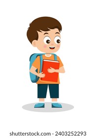 A schoolboy with a backpack and a book in his hands