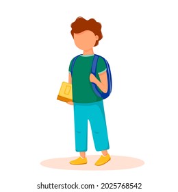Escolar niño con mochila y libro. Ilustración vectorial.