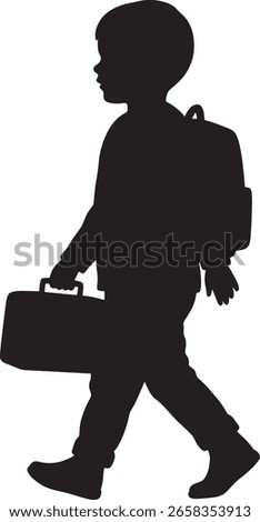 Schoolboy with backpack and briefcase walking silhouette vector illustration