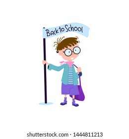 Schoolboy with a backpack cartoon flat style character, back to school