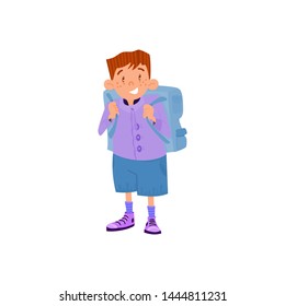 Schoolboy with a backpack cartoon flat style character, back to school