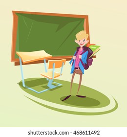 Schoolboy With Backpack In Classroom School Desk Flat Vector Illustration