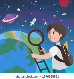 Schoolboy with a backpack explores the planet Earth with a magnifier